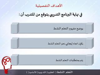 ‫التفصيلية‬ ‫األهداف‬
‫النشط‬ ‫التعلم‬ ‫مفهوم‬ ‫يوضح‬
‫اتجاه‬ ‫ن‬ِّ‫يكو‬‫إيجابي‬‫النشط‬ ‫التعلم‬ ‫نحو‬
‫يلم‬‫بمتطلبات‬‫النشط‬ ‫التعلم‬
 