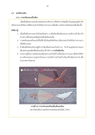 25
สมบัตศของเสียง2.3
2.3.1 กำรสะท้อนของคลื่นเสียง
เมื่อคลื่นเสียงตกกระทบผิวรอยต่อระหว่างตัวกลาง หรือตัวกลางชนิดเดียวกันแต่อุณหภูมิต่างกัน
หรือตกกระทบสิ่งกีดขวางที่มีขนาดเท่ากับหรือโตกว่าความยาวคลื่นเสียง จะเกิดการสะท้อนของคลื่นเสียงนั้น
สศ่งที่ควรรู้
1. เมื่อคลื่นเสียงตกกระทบกับผิวสะท้อนต่าง ๆ คลื่นเสียงที่สะท้อนออกมากจะมีความถี่ อัตราเร็ว
ความยาวคลื่นและแอมพลิจูดของคลื่นสะท้อนคงเดิม
2. การสะท้อนของคลื่นจะเกิดขึ้นได้ดี เมื่อวัตถุหรือสิ่งกีดขวางมีขนาดเท่ากับหรือโตกว่าความยาว
คลื่นที่ตกกระทบ
3. ถ้าเสียงที่สะท้อนกลับมาสู่หูช้ากว่าเสียงที่ตะโกนออกไปเกิน 0.1 วินาที มนุษย์จะสามารถแยก
เสียงตะโกนและเสียงที่สะท้อนกลับมาได้ เรียกว่า กำรเกศดเสียงก้อง
4. จากความรู้เรื่องการสะท้อนของเสียงสามารถนาไปสร้างเครื่องโซนาร์ (Sonar) เพื่อนาไปใช้หา
ความลึกของทะเล หาฝูงปลาในทะเล รวมไปถึงการนาไปสร้างเป็นเครื่องอัลตราซาวด์ เพื่อ
ถ่ายภาพทารกในครรภ์
ภำพที่ 2.4 กำรหำตำแหน่งด้วยคลื่นเสียงสะท้อน
(สถาบันส่งเสริมการสอนวิทยาศาสตร์และเทคโนโลยี, 2554)
 