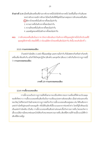 29
ตัวอย่ำงที่ 2.14 เมื่อคลื่นเสียงเคลื่อนที่ผ่านจากตัวกลางหนึ่งไปยังอีกตัวกลางหนึ่ง โดยที่ไม่ตั้งฉากกับเส้นเขต
ระหว่างตัวกลางจะมีการหักเห ข้อใดเป็นข้อที่ดีที่สุดที่เป็นสาเหตุของการหักเหของคลื่นเสียง
1. อัตราเร็วของคลื่นในตัวกลางทั้งสองไม่เท่ากัน
2. ความยาวคลื่นในตัวกลางทั้งสองไม่เท่ากัน
3. ความถี่ของคลื่นในตัวกลางทั้งสองไม่เท่ากัน
4. แอมพลิจูดของคลื่นในตัวกลางทั้งสองไม่เท่ากัน
2.3.3 กำรแทรกสอดของเสียง
ถ้าแหล่งกาเนิดเสียง 2 แหล่ง ที่มีแอมพลิจูด และความถี่เท่ากัน ซึ่งมีเฟสตรงกันหรือต่างกันคงตัว
เคลื่อนที่มาซ้อนทับกัน แล้วทาให้เกิดจุดปฏิบัพ (เสียงดัง) และจุดบัพ (เสียงเบา) สลับกันเรียกปรากฏการณ์นี้
ว่า กำรแทรกสอดของเสียง
d
s1
s2

A0
P
ภำพที่ 2.9 กำรแทรกสอดของเสียง
2.3.4 กำรเลียวเบนของเสียง
การเลี้ยวเบนเป็นปรากฏการณ์ที่คลื่นสามารถเปลี่ยนทิศทางของการเคลื่อนที่ได้ตามบริเวณมุม
ของสิ่งกีดขวาง การเลี้ยวเบนของคลื่นเสียงจึงเป็นการเปลี่ยนแปลงทางเดินของเสียง เมื่อผ่านช่องแคบหรือ
ขอบวัตถุ ในชีวิตประจาวันมักจะพบปรากฏการณ์เกี่ยวกับการเลี้ยวเบนของเสียงอยู่เสมอ เช่น ได้ยินเสียงจาก
แหล่งกาเนิดที่อยู่คนละด้านของมุมตึก หรือได้ยินเสียงที่เลี้ยวเบนออกจากช่องหน้าต่าง โดยที่ผู้รับฟังมองไม่
เห็นแหล่งกาเนิดเสียง เป็นต้น การเลี้ยวเบนของคลื่นเสียงผ่านช่องแคบขึ้นกับความยาวคลื่น โดยจะเกิดการ
เลี้ยวเบนได้มากเมื่อขนาดช่องแคบใกล้เคียงกับขนาดของความยาวคลื่น เสียงที่มีความถี่ต่าจะเลี้ยวเบนได้ดีกว่า
เสียงที่มีความถี่สูง

ตอบ การหักเหของคลื่นเสียงในอากาศ เกิดจากเสียงเดินจากในตัวกลางที่มีอุณหภูมิค่าหนึ่งไปยังบริเวณที่มี
อุณหภูมิอีกค่าหนึ่ง ส่งผลให้ทั้ง 2 บริเวณมีอัตราเร็วของคลื่นเสียงไม่เท่ากัน ดังนั้น ตอบตัวเลือกที่ 1
 