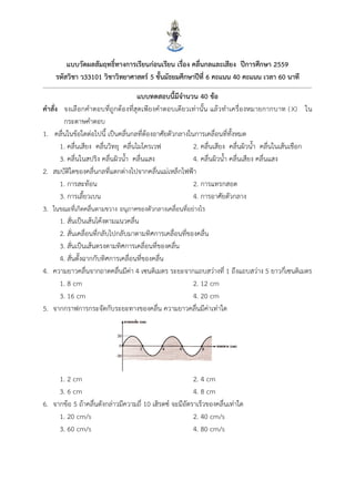 13
แบบวัดผลสัมฤทธิ์ทำงกำรเรียนก่อนเรียน เรื่อง คลื่นกลและเสียง ปีกำรศึกษำ 2559
รหัสวิชำ ว33101 วิชำวิทยำศำสตร์ 5 ชั้นมัธยมศึกษำปีที่ 6 คะแนน 40 คะแนน เวลำ 60 นำที
แบบทดสอบนี้มีจำนวน 40 ข้อ
คำสั่ง จงเลือกคาตอบที่ถูกต้องที่สุดเพียงคาตอบเดียวเท่านั้น แล้วทาเครื่องหมายกากบาท (X) ใน
กระดาษคาตอบ
1. คลื่นในข้อใดต่อไปนี้ เป็นคลื่นกลที่ต้องอาศัยตัวกลางในการเคลื่อนที่ทั้งหมด
1. คลื่นเสียง คลื่นวิทยุ คลื่นไมโครเวฟ 2. คลื่นเสียง คลื่นผิวน้า คลื่นในเส้นเชือก
3. คลื่นในสปริง คลื่นผิวน้า คลื่นแสง 4. คลื่นผิวน้า คลื่นเสียง คลื่นแสง
2. สมบัติใดของคลื่นกลที่แตกต่างไปจากคลื่นแม่เหล็กไฟฟ้า
1. การสะท้อน 2. การแทรกสอด
3. การเลี้ยวเบน 4. การอาศัยตัวกลาง
3. ในขณะที่เกิดคลื่นตามขวาง อนุภาคของตัวกลางเคลื่อนที่อย่างไร
1. สั่นเป็นเส้นโค้งตามแนวคลื่น
2. สั่นเคลื่อนที่กลับไปกลับมาตามทิศการเคลื่อนที่ของคลื่น
3. สั่นเป็นเส้นตรงตามทิศการเคลื่อนที่ของคลื่น
4. สั่นตั้งฉากกับทิศการเคลื่อนที่ของคลื่น
4. ความยาวคลื่นจากถาดคลื่นมีค่า 4 เซนติเมตร ระยะจากแถบสว่างที่ 1 ถึงแถบสว่าง 5 ยาวกี่เซนติเมตร
1. 8 cm 2. 12 cm
3. 16 cm 4. 20 cm
5. จากกราฟการกระจัดกับระยะทางของคลื่น ความยาวคลื่นมีค่าเท่าใด
1. 2 cm 2. 4 cm
3. 6 cm 4. 8 cm
6. จากข้อ 5 ถ้าคลื่นดังกล่าวมีความถี่ 10 เฮิรตซ์ จะมีอัตราเร็วของคลื่นเท่าใด
1. 20 cm/s 2. 40 cm/s
3. 60 cm/s 4. 80 cm/s
 