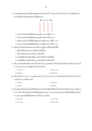 14
7. จากการสังเกตแถบสว่างใต้ถาดคลื่นพบว่าแถบสว่างที่ 1 กับแถบสว่างที่ 4 ห่างกัน 12 เซนติเมตร ดัง
ภาพ ข้อใดกล่าวถูกต้องเกี่ยวกับคลื่นดังกล่าว
12 cm
1. เกิดจากแหล่งกาเนิดที่เป็นจุด และมีความยาวคลื่น 3 cm
2. เกิดจากแหล่งกาเนิดที่เป็นจุด และมีความยาวคลื่น 4 cm
3. เกิดจากแหล่งกาเนิดที่เป็นเส้นตรง และมีความยาวคลื่น 3 cm
4. เกิดจากแหล่งกาเนิดที่เป็นเส้นตรง และมีความยาวคลื่น 4 cm
8. ข้อใดกล่าวถึงแถบมืดและแถบสว่างที่ปรากฏใต้ถาดคลื่นถูกต้องที่สุด
1. ทั้งแถบมืดและแถบสว่างคือบริเวณสันคลื่น
2. ทั้งแถบมืดและแถบสว่างคือบริเวณท้องคลื่น
3. แถบมืดคือบริเวณท้องคลื่น แถบสว่างคือบริเวณสันคลื่น
4. แถบมืดคือบริเวณสันคลื่น แถบสว่างคือบริเวณท้องคลื่น
9. คลื่นขบวนหนึ่งเคลื่อนที่ไปตามผิวน้าด้วยอัตราเร็ว 20 เซนติเมตร/วินาที เมื่อปรับให้มอเตอร์หมุนด้วยความถี่
5 รอบ/วินาที แถบสว่างที่อยู่ติดกันจะห่างกันเท่าใด
1. 1.0 cm 2. 2.0 cm
3. 4.0 cm 4. 5.0 cm
10.คลื่นผิวน้ามีความเร็ว 10 เซนติเมตรต่อวินาที ถ้าระยะห่างจากท้องคลื่นถึงท้องคลื่นติดกันเท่ากับ
5 เซนติเมตร ความถี่มีค่าเท่าใด
1. 0.5 Hz 2. 2.0 Hz
3. 10 Hz 4. 50 Hz
11.ลูกบอลลูกหนึ่งตกลงน้าและสั่นขึ้นลงหลายรอบทาให้เกิดคลื่นผิวน้าแผ่ออกไปเป็นรูปวงกลม เมื่อผ่าน
ไป 5 วินาที คลื่นน้าแผ่ออกไปได้รัศมีสูงสุดประมาณ 15 เมตร มีระยะระหว่างสันคลื่นที่ติดกันเท่ากับ
1.5 เมตร ลูกบอลสั่นขึ้นลงด้วยความถี่ประมาณเท่าใด
1. 0.5 Hz 2. 1.0 Hz
3. 1.5 Hz 4. 2.0 Hz
 
