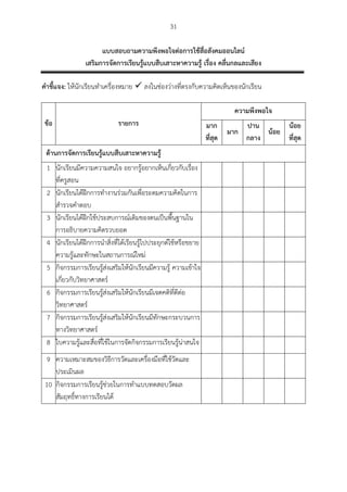 31
แบบสอบถำมควำมพึงพอใจต่อกำรใช้สื่อสังคมออนไลน์
เสริมกำรจัดกำรเรียนรู้แบบสืบเสำะหำควำมรู้ เรื่อง คลื่นกลและเสียง
คำชี้แจง: ให้นักเรียนทาเครื่องหมาย  ลงในช่องว่างที่ตรงกับความคิดเห็นของนักเรียน
ข้อ รำยกำร
ควำมพึงพอใจ
มำก
ที่สุด
มำก
ปำน
กลำง
น้อย
น้อย
ที่สุด
ด้ำนกำรจัดกำรเรียนรู้แบบสืบเสำะหำควำมรู้
1 นักเรียนมีความความสนใจ อยากรู้อยากเห็นเกี่ยวกับเรื่อง
ที่ครูสอน
2 นักเรียนได้ฝึกการทางานร่วมกันเพื่อระดมความคิดในการ
สารวจคาตอบ
3 นักเรียนได้ฝึกใช้ประสบการณ์เดิมของตนเป็นพื้นฐานใน
การอธิบายความคิดรวบยอด
4 นักเรียนได้ฝึกการนาสิ่งที่ได้เรียนรู้ไปประยุกต์ใช้หรือขยาย
ความรู้และทักษะในสถานการณ์ใหม่
5 กิจกรรมการเรียนรู้ส่งเสริมให้นักเรียนมีความรู้ ความเข้าใจ
เกี่ยวกับวิทยาศาสตร์
6 กิจกรรมการเรียนรู้ส่งเสริมให้นักเรียนมีเจตคติที่ดีต่อ
วิทยาศาสตร์
7 กิจกรรมการเรียนรู้ส่งเสริมให้นักเรียนมีทักษะกระบวนการ
ทางวิทยาศาสตร์
8 ใบความรู้และสื่อที่ใช้ในการจัดกิจกรรมการเรียนรู้น่าสนใจ
9 ความเหมาะสมของวิธีการวัดและเครื่องมือที่ใช้วัดและ
ประเมินผล
10 กิจกรรมการเรียนรู้ช่วยในการทาแบบทดสอบวัดผล
สัมฤทธิ์ทางการเรียนได้
 