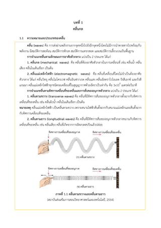 บทที่ 1
คลื่นกล
ควำมหมำยและประเภทของคลื่น1.1
คลื่น (waves) คือ การส่งผ่านพลังงานจากจุดหนึ่งไปยังอีกจุดหนึ่งโดยไม่มีการนาพาสสารไปพร้อมกับ
พลังงาน มีสมบัติการสะท้อน สมบัติการหักเห สมบัติการแทรกสอด และสมบัติการเลี้ยวเบนเป็นพื้นฐาน
กำรจำแนกคลื่นตำมลักษณะกำรอำศัยตัวกลำง แบ่งเป็น 2 ประเภท ได้แก่
1. คลื่นกล (mechanical waves) คือ คลื่นที่ต้องอาศัยตัวกลางในการเคลื่อนที่ เช่น คลื่นน้า คลื่น
เสียง คลื่นในเส้นเชือก เป็นต้น
2. คลื่นแม่เหล็กไฟฟ้ำ (electromagnetic waves) คือ คลื่นที่เคลื่อนที่โดยไม่จาเป็นต้องอาศัย
ตัวกลาง ได้แก่ คลื่นวิทยุ คลื่นไมโครเวฟ คลื่นอินฟราเรด คลื่นแสง คลื่นอัลตราไวโอเลต รังสีเอกซ์ และรังสี
แกมมา คลื่นแม่เหล็กไฟฟ้าทุกชนิดจะเคลื่อนที่ในสุญญากาศด้วยอัตราเร็วเท่ากัน คือ 3x108
เมตรต่อวินาที
กำรจำแนกคลื่นตำมทิศกำรเคลื่อนที่ของคลื่นและกำรสั่นของอนุภำคตัวกลำง แบ่งเป็น 2 ประเภท ได้แก่
1. คลื่นตำมขวำง (transverse waves) คือ คลื่นที่มีทิศการสั่นของอนุภาคตัวกลางตั้งฉากกับทิศการ
เคลื่อนที่ของคลื่น เช่น คลื่นผิวน้า คลื่นในเส้นเชือก เป็นต้น
หมำยเหตุ คลื่นแม่เหล็กไฟฟ้า เป็นคลื่นตามขวาง เพราะสนามไฟฟ้าสั่นตั้งฉากกับสนามแม่เหล็กและสั่นตั้งฉาก
กับทิศการเคลื่อนที่ของคลื่น
2. คลื่นตำมยำว (longitudinal waves) คือ คลื่นที่มีทิศการสั่นของอนุภาคตัวกลางขนานกับทิศการ
เคลื่อนที่ของคลื่น เช่น คลื่นเสียง คลื่นที่เกิดจากการอัดลวดสปริงแล้วปล่อย
ภำพที่ 1.1 คลื่นตำมขวำงและคลื่นตำมยำว
(สถาบันส่งเสริมการสอนวิทยาศาสตร์และเทคโนโลยี, 2554)
 