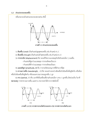 4
ส่วนประกอบของคลื่น1.2
คลื่นประกอบด้วยส่วนประกอบหลายส่วน ดังนี้
 
B

A
P
D
Q
C
E F
ภำพที่ 1.5 ส่วนประกอบของคลื่น
1. สันคลื่น (crest) เป็นตาแหน่งสูงสุดของคลื่น เช่น ตาแหน่ง A, C
2. ท้องคลื่น (trough) เป็นตาแหน่งต่าสุดของคลื่น เช่น ตาแหน่ง B, D
3. กำรกระจัด (displacement) คือ ระยะที่วัดจากแนวสมดุลไปยังตาแหน่งใด ๆ บนคลื่น
- ตาแหน่งที่สูงกว่าแนวสมดุล การกระจัดจะเป็นบวก
- ตาแหน่งที่ต่ากว่าแนวสมดุล การกระจัดจะเป็นลบ
4. แอมพลิจูด (amplitude, A) คือ การกระจัดของอนุภาคที่มีค่ามากที่สุด
5. ควำมยำวคลื่น (wavelength,  ) คือ ระยะห่างระหว่างสันคลื่นกับสันคลื่นที่อยู่ติดกัน หรือท้อง
คลื่นกับท้องคลื่นที่อยู่ติดกัน หรือระยะความยาวของลูกคลื่น 1 ลูก
6. คำบ (period, T ) คือ เวลาที่คลื่นเคลื่อนที่ผ่านตาแหน่งใด ๆ ครบ 1 ลูกคลื่น มีหน่วยเป็น วินาที
หมำยเหตุ การหาความยาวคลื่น และคาบ สามารถหาได้จากกราฟต่อไปนี้
 



 
T
T
T
(ก) (ข)
ภำพที่ 1.6 (ก) กรำฟกำรกระจัดกับระยะทำง (ข) กรำฟกำรกระจัดกับเวลำ
 