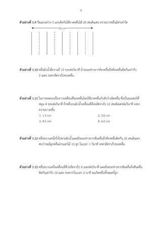 9
ตัวอย่ำงที่ 1.9 วัดแถบสว่าง 5 แถบติดกันใต้ถาดคลื่นได้ 20 เซนติเมตร ความยาวคลื่นมีค่าเท่าใด
20 cm
ตัวอย่ำงที่ 1.10 คลื่นผิวน้ามีความถี่ 10 รอบต่อวินาที ถ้าระยะห่างจากท้องคลื่นถึงท้องคลื่นติดกันเท่ากับ
2 เมตร จงหาอัตราเร็วของคลื่น
ตัวอย่ำงที่ 1.11 ในการทดลองเรื่องการเคลื่อนที่ของคลื่นโดยใช้ถาดคลื่นกับตัวกาเนิดคลื่น ซึ่งเป็นมอเตอร์ที่
หมุน 4 รอบต่อวินาที ถ้าคลื่นบนผิวน้าเคลื่อนที่ด้วยอัตราเร็ว 12 เซนติเมตรต่อวินาที จงหา
ความยาวคลื่น
1. 1.5 cm 2. 3.0 cm
3. 4.5 cm 4. 6.0 cm
ตัวอย่ำงที่ 1.12 คลื่นขบวนหนึ่งวิ่งไปตามผิวน้าและมีระยะห่างจากสันคลื่นถึงท้องคลื่นติดกัน 20 เซนติเมตร
พบว่าจะมีลูกคลื่นผ่านเสาไม้ 10 ลูก ในเวลา 1 วินาที จงหาอัตราเร็วของคลื่น
ตัวอย่ำงที่ 1.13 คลื่นขบวนหนึ่งเคลื่อนที่ด้วยอัตราเร็ว 8 เมตรต่อวินาที และมีระยะห่างจากสันคลื่นถึงสันคลื่น
ติดกันเท่ากับ 16 เมตร จงหาว่าในเวลา 2 นาที จะเกิดคลื่นทั้งหมดกี่ลูก
 