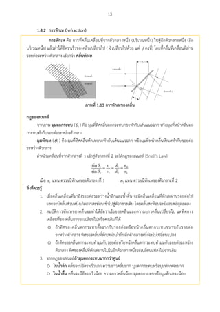 13
1.4.2 กำรหักเห (refraction)
กำรหักเห คือ การที่คลื่นเคลื่อนที่จากตัวกลางหนึ่ง (บริเวณหนึ่ง) ไปสู่อีกตัวกลางหนึ่ง (อีก
บริเวณหนึ่ง) แล้วทาให้อัตราเร็วของคลื่นเปลี่ยนไป (  เปลี่ยนไปด้วย แต่ f คงที่) โดยที่คลื่นที่เคลื่อนที่ผ่าน
รอยต่อระหว่างตัวกลาง เรียกว่า คลื่นหักเห
1
2 1
2
1
2

1
2
ภำพที่ 1.13 กำรหักเหของคลื่น
กฎของสเนลล์
จากภาพ มุมตกกระทบ ( 1 ) คือ มุมที่ทิศคลื่นตกกระทบกระทากับเส้นแนวฉาก หรือมุมที่หน้าคลื่นตก
กระทบทากับรอยต่อระหว่างตัวกลาง
มุมหักเห ( 2 ) คือ มุมที่ทิศคลื่นหักเหกระทากับเส้นแนวฉาก หรือมุมที่หน้าคลื่นหักเหทากับรอยต่อ
ระหว่างตัวกลาง
ถ้าคลื่นเคลื่อนที่จากตัวกลางที่ 1 เข้าสู่ตัวกลางที่ 2 จะได้กฎของสเนลล์ (Snell's Law)
1 1 1 2
2 2 2 1
sin
sin
  
v n
v n
 
 
เมื่อ 1n แทน ดรรชนีหักเหของตัวกลางที่ 1 2n แทน ดรรชนีหักเหของตัวกลางที่ 2
สิ่งที่ควรรู้
1. เมื่อคลื่นเคลื่อนที่มาถึงรอยต่อระหว่างน้าลึกและน้าตื้น จะมีคลื่นเคลื่อนที่หักเหผ่านรอยต่อไป
และจะมีคลื่นส่วนหนึ่งเกิดการสะท้อนเข้าไปสู่ตัวกลางเดิม โดยคลื่นสะท้อนจะมีแอมพลิจูดลดลง
2. สมบัติการหักเหของคลื่นจะทาให้อัตราเร็วของคลื่นและความยาวคลื่นเปลี่ยนไป แต่ทิศการ
เคลื่อนที่ของคลื่นอาจจะเปลี่ยนไปหรือคงเดิมก็ได้
o ถ้าทิศของคลื่นตกกระทบตั้งฉากกับรอยต่อหรือหน้าคลื่นตกกระทบขนานกับรอยต่อ
ระหว่างตัวกลาง ทิศของคลื่นที่หักเหผ่านไปในอีกตัวกลางหนึ่งจะไม่เปลี่ยนแปลง
o ถ้าทิศของคลื่นตกกระทบทามุมกับรอยต่อหรือหน้าคลื่นตกกระทบทามุมกับรอยต่อระหว่าง
ตัวกลาง ทิศของคลื่นที่หักเหผ่านไปในอีกตัวกลางหนึ่งจะเปลี่ยนแปลงไปจากเดิม
3. จากกฎของสเนลล์ถ้ำมุมตกกระทบมำกกว่ำศูนย์
o ในน้ำลึก คลื่นจะมีอัตราเร็วมาก ความยาวคลื่นมาก มุมตกกระทบหรือมุมหักเหจะมาก
o ในน้ำตื้น คลื่นจะมีอัตราเร็วน้อย ความยาวคลื่นน้อย มุมตกกระทบหรือมุมหักเหจะน้อย
 