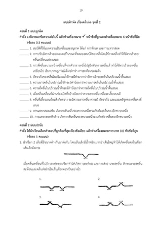 19
แบบฝึกหัด เรื่องคลื่นกล ชุดที่ 2
ตอนที่ 1 แบบถูกผิด
คำสั่ง จงพิจำรณำข้อควำมต่อไปนี้ แล้วทำเครื่องหมำย  หน้ำข้อที่ถูกและทำเครื่องหมำย X หน้ำข้อที่ผิด
(ข้อละ 0.5 คะแนน)
............. 1. สมบัติที่ใช้แยกความเป็นคลื่นและอนุภาค ได้แก่ การหักเห และการแทรกสอด
............. 2. การปรับอัตราเร็วของมอเตอร์ในขณะที่ทดลองสมบัติของคลื่นโดยใช้ถาดคลื่นทาให้อัตราเร็วของ
คลื่นเปลี่ยนแปลงเสมอ
............. 3. การที่คลื่นขบวนหนึ่งเคลื่อนที่จากตัวกลางหนึ่งไปสู่อีกตัวกลางหนึ่งแล้วทาให้อัตราเร็วของคลื่น
เปลี่ยนไป เรียกปรากฏการณ์ดังกล่าวว่า การสะท้อนของคลื่น
............. 4. อัตราเร็วของคลื่นในบริเวณน้าลึกจะมีค่ามากกว่าอัตราเร็วของคลื่นในบริเวณน้าตื้นเสมอ
............. 5. ความยาวคลื่นในบริเวณน้าลึกจะมีค่าน้อยกว่าความยาวคลื่นในบริเวณน้าตื้นเสมอ
............. 6. ความถี่คลื่นในบริเวณน้าลึกจะมีค่าน้อยกว่าความถี่คลื่นในบริเวณน้าตื้นเสมอ
............. 7. เมื่อคลื่นเคลื่อนที่ผ่านช่องเปิดที่กว้างน้อยกว่าความยาวคลื่น คลื่นจะเลี้ยวเบนดี
............. 8. คลื่นที่เลี้ยวเบนอ้อมสิ่งกีดขวาง จะมีความยาวคลื่น ความถี่ อัตราเร็ว และแอมพลิจูดของคลื่นคงที่
เสมอ
............. 9. การแทรกสอดเสริม เกิดจากสันคลื่นของขบวนหนึ่งรวมกับท้องคลื่นของอีกขบวนหนึ่ง
............. 10. การแทรกสอดหักล้าง เกิดจากสันคลื่นของขบวนหนึ่งรวมกับท้องคลื่นของอีกขบวนหนึ่ง
ตอนที่ 2 แบบปรนัย
คำสั่ง ให้นักเรียนเลือกคำตอบที่ถูกต้องที่สุดเพียงข้อเดียว แล้วทำเครื่องหมำยกำกบำท (X) ทับข้อที่ถูก
(ข้อละ 1 คะแนน)
1. นาเชือก 2 เส้นที่มีขนาดต่างกันมาต่อกัน โดยเส้นเล็กมีน้าหนักเบากว่าเส้นใหญ่ทาให้เกิดคลื่นดลในเชือก
เส้นเล็กดังภาพ
เมื่อคลื่นเคลื่อนที่ไปถึงรอยต่อของเชือกทาให้เกิดการสะท้อน และการส่งผ่านของคลื่น ลักษณะของคลื่น
สะท้อนและคลื่นส่งผ่านในเส้นเชือกควรเป็นอย่างไร
1. 2.
3. 4.
 