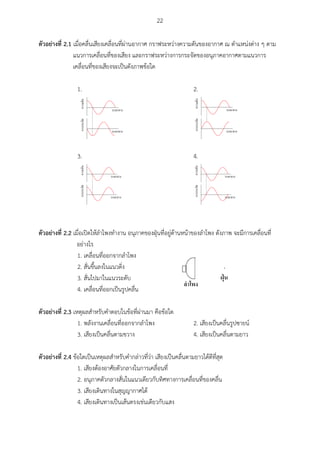 22
ตัวอย่ำงที่ 2.1 เมื่อคลื่นเสียงเคลื่อนที่ผ่านอากาศ กราฟระหว่างความดันของอากาศ ณ ตาแหน่งต่าง ๆ ตาม
แนวการเคลื่อนที่ของเสียง และกราฟระหว่างการกระจัดของอนุภาคอากาศตามแนวการ
เคลื่อนที่ของเสียงจะเป็นดังภาพข้อใด
1. 2.
3. 4.
ตัวอย่ำงที่ 2.2 เมื่อเปิดให้ลาโพงทางาน อนุภาคของฝุ่นที่อยู่ด้านหน้าของลาโพง ดังภาพ จะมีการเคลื่อนที่
อย่างไร
1. เคลื่อนที่ออกจากลาโพง
2. สั่นขึ้นลงในแนวดิ่ง
3. สั่นไปมาในแนวระดับ
4. เคลื่อนที่ออกเป็นรูปคลื่น
ตัวอย่ำงที่ 2.3 เหตุผลสาหรับคาตอบในข้อที่ผ่านมา คือข้อใด
1. พลังงานเคลื่อนที่ออกจากลาโพง 2. เสียงเป็นคลื่นรูปซายน์
3. เสียงเป็นคลื่นตามขวาง 4. เสียงเป็นคลื่นตามยาว
ตัวอย่ำงที่ 2.4 ข้อใดเป็นเหตุผลสาหรับคากล่าวที่ว่า เสียงเป็นคลื่นตามยาวได้ดีที่สุด
1. เสียงต้องอาศัยตัวกลางในการเคลื่อนที่
2. อนุภาคตัวกลางสั่นในแนวเดียวกับทิศทางการเคลื่อนที่ของคลื่น
3. เสียงเดินทางในสุญญากาศได้
4. เสียงเดินทางเป็นเส้นตรงเช่นเดียวกับแสง
 