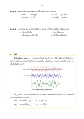 35
ตัวอย่ำงที่ 2.20 ระดับเสียงและความดังของเสียงขึ้นอยู่กับสมบัติใด ตามลาดับ
1. ความถี่ แอมพลิจูด 2. ความถี่ รูปร่างคลื่น
3. แอมพลิจูด ความถี่ 4. รูปร่างคลื่น แอมพลิจูด
ตัวอย่ำงที่ 2.21 ถ้าดีดกีตาร์แล้วพบว่าเสียงที่ได้ยินต่ากว่าปกติ จะมีวิธีปรับแก้ให้เสียงสูงขึ้นได้อย่างไร
1. ปรับสายให้ตึงขึ้น 2. ปรับสายให้หย่อนลง
3. ปรับตาแหน่งสายให้ยาวขึ้น 4. เปลี่ยนใช้สายเส้นใหญ่ขึ้น
บีตส์2.5
บีตส์ของเสียง (beats of sound) จะเกิดเมื่อคลื่นเสียง 2 ชุด ที่มีความถี่ต่างกันเล็กน้อย จาก
แหล่งกาเนิดเสียงประเภทเดียวกัน หรือต่างประเภทกันก็ได้ เคลื่อนที่มาแทรกสอดกันจะเป็นเสียงที่ดังและเบา
สลับกันเป็นจังหวะคงตัว
1 2 3 4 5 6 7 8 9 10
1 2 3 4 5 6 7 8 9 10 11 12
1
2
ภำพที่ 2.14 กำรเกิดบีตส์ของเสียง
ให้ 1f และ 2f แทนความถี่ของเสียงจากแหล่งกาเนิด 2 แหล่งที่มีความถี่ต่างกันไม่เกิน 7 เฮิรตซ์ เมื่อ
มาซ้อนทับกันแล้วจะทาให้เกิดบีตส์
จะได้ ความถี่บีตส์  bf 1 2 bf f f
และ ความถี่ที่ได้ยิน avf
2
21 ff
fav


 
