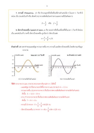 5
7. ควำมถี่ (frequency, f ) คือ จานวนลูกคลื่นที่เคลื่อนที่ผ่านตาแหน่งใด ๆ ในเวลา 1 วินาที มี
หน่วย เป็น รอบต่อวินาที หรือ เฮิรตซ์ (Hz) ความสัมพันธ์ระหว่างคาบและความถี่เป็นดังสมการ
1
T
f
หรือ 1
f
T
8. อัตรำเร็วของคลื่น (speed of wave, )v คือ ระยะทางที่คลื่นเคลื่อนที่ได้ในเวลา 1 วินาที มีหน่วย
เป็น เมตรต่อวินาที บางครั้ง อัตราเร็วของคลื่น ถูกเรียกว่า อัตราเร็วเฟส
  
s
v f
t T


ตัวอย่ำงที่ 1.4 จงหาค่าของแอมพลิจูด ความยาวคลื่น คาบ ความถี่ และอัตราเร็วของคลื่น โดยพิจารณาข้อมูล
จากภาพ
(ก) การกระจัดกับตาแหน่ง (ข) การกระจัดกับเวลา
วศธีทำ จากภาพ (ก) และ ภาพ (ข) สามารถหาปริมาณต่าง ๆ ได้ดังนี้
- แอมพลิจูด (A) ซึ่งสามารถหาได้ทั้งภาพ (ก) และ (ข) พบว่า A = 1.5 m
- ความยาวคลื่น หาจากภาพ (ก) ซึ่งเป็นกราฟความสัมพันธ์ของการกระจัดกับตาแหน่ง
ดังนั้น = 12-2 = 10 m
- คาบ (T) หาจากภาพ (ข) ซึ่งเป็นกราฟความสัมพันธ์ของการกระจัดกับเวลา
ดังนั้น T = 9-1 = 8 s
- ความถี่ (f) หาจาก Hz
- อัตราเร็วของคลื่น (v) หาจาก m/s
 