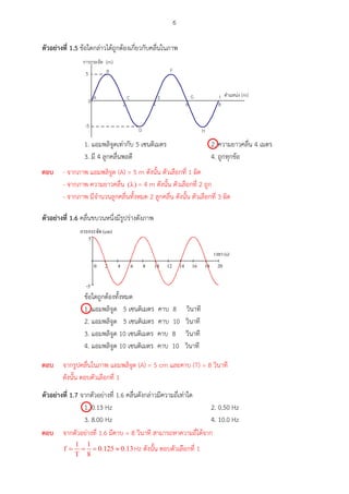 6
ตัวอย่ำงที่ 1.5 ข้อใดกล่าวได้ถูกต้องเกี่ยวกับคลื่นในภาพ
A
B
C
D
E
F
G
H
I
 
(m)
2 4 6 80
(m)
5
-5
1. แอมพลิจูดเท่ากับ 5 เซนติเมตร 2. ความยาวคลื่น 4 เมตร
3. มี 4 ลูกคลื่นพอดี 4. ถูกทุกข้อ
ตัวอย่ำงที่ 1.6 คลื่นขบวนหนึ่งมีรูปร่างดังภาพ
0 2 4 6 8 10 12 14 16 18 20
-5
5
(cm)
(s)
ข้อใดถูกต้องทั้งหมด
1. แอมพลิจูด 5 เซนติเมตร คาบ 8 วินาที
2. แอมพลิจูด 5 เซนติเมตร คาบ 10 วินาที
3. แอมพลิจูด 10 เซนติเมตร คาบ 8 วินาที
4. แอมพลิจูด 10 เซนติเมตร คาบ 10 วินาที
ตัวอย่ำงที่ 1.7 จากตัวอย่างที่ 1.6 คลื่นดังกล่าวมีความถี่เท่าใด
1. 0.13 Hz 2. 0.50 Hz
3. 8.00 Hz 4. 10.0 Hz

ตอบ - จากภาพ แอมพลิจูด (A) = 5 m ดังนั้น ตัวเลือกที่ 1 ผิด
- จากภาพ ความยาวคลื่น = 4 m ดังนั้น ตัวเลือกที่ 2 ถูก
- จากภาพ มีจานวนลูกคลื่นทั้งหมด 2 ลูกคลื่น ดังนั้น ตัวเลือกที่ 3 ผิด

ตอบ จากรูปคลื่นในภาพ แอมพลิจูด (A) = 5 cm และคาบ (T) = 8 วินาที
ดังนั้น ตอบตัวเลือกที่ 1

ตอบ จากตัวอย่างที่ 1.6 มีคาบ = 8 วินาที สามารถหาความถี่ได้จาก
Hz ดังนั้น ตอบตัวเลือกที่ 1
 