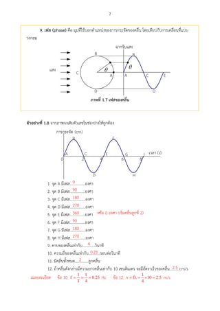 7
9. เฟส (phase) คือ มุมที่ใช้บอกตาแหน่งของการกระจัดของคลื่น โดยเทียบกับการเคลื่อนที่แบบ
วงกลม

A

B
C
D
EA
B
C
D

ภำพที่ 1.7 เฟสของคลื่น
ตัวอย่ำงที่ 1.8 จากภาพจงเติมตัวเลขในช่องว่างให้ถูกต้อง
A
B
C
D
E
F
G
H
I
 
(s)
2 4 6 80
(cm)
1. จุด A มีเฟส................องศา
2. จุด B มีเฟส................องศา
3. จุด C มีเฟส................องศา
4. จุด D มีเฟส................องศา
5. จุด E มีเฟส................องศา
6. จุด F มีเฟส................องศา
7. จุด G มีเฟส................องศา
8. จุด H มีเฟส................องศา
9. คาบของคลื่นเท่ากับ.............วินาที
10. ความถี่ของคลื่นเท่ากับ............รอบต่อวินาที
11. มีคลื่นทั้งหมด..............ลูกคลื่น
12. ถ้าคลื่นดังกล่าวมีความยาวคลื่นเท่ากับ 10 เซนติเมตร จะมีอัตราเร็วของคลื่น..........cm/s
0
90
180
270
360 หรือ 0 องศา (เริ่มคลื่นลูกที่ 2)
90
180
270
4
0.25
2
2.5
เฉลยละเอียด ข้อ 10. Hz ข้อ 12. m/s
 