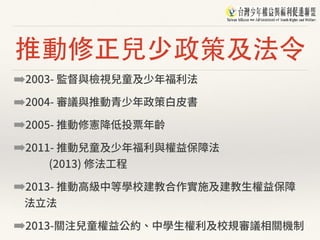 推動修正兒少政策及法令
➡2003- 監督與檢視兒童及少年福利法
➡2004- 審議與推動青少年政策⽩⽪書
➡2005- 推動修憲降低投票年齡
➡2011- 推動兒童及少年福利與權益保障法 
(2013) 修法⼯程
➡2013- 推動⾼級中等學校建教合作實施及建教⽣權益保障
法⽴法
➡2013-關注兒童權益公約、中學⽣權利及校規審議相關機制
 
