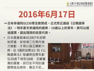 2016年6⽉17⽇
➡⽇本參議院以230票全數贊成，正式修正通過《公職選舉
法》，明年夏天參議院的選舉，18歲以上的青年，將可以透
過選票，選出理想的⺠意代表。
• 日本國會智庫自2007年起開
始研議，安倍境三任期內強
力推動，才得以過五關斬六
將，從《國民投票法》到《公
職選舉法》陸續將投票年齡
從20歲下修到18歲，反觀臺
灣的國會，卻仍在不同的議
題間彼此綁架，裹足不前....
 
