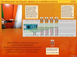 Προσδιορισμός του Σημείου Δρόσου με τη βοήθεια Arduino. 2016
Μας δόθηκε το ίδιο κύκλωμα με
ψηφιακούς αισθητήρες.
Αυτό το σύστημα συνδυάστηκε με εναν
«οικιακό» αισθητήρα σημείου δρόσου
(καθρέφτης, μεταλλική κανάτα).
 