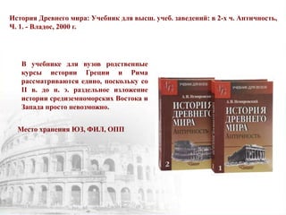 История Древнего мира: Учебник для высш. учеб. заведений: в 2-х ч. Античность,
Ч. 1. - Владос, 2000 г.
В учебнике для вузов родственные
курсы истории Греции и Рима
рассматриваются едино, поскольку со
II в. до н. э. раздельное изложение
истории средиземноморских Востока и
Запада просто невозможно.
Место хранения ЮЗ, ФИЛ, ОПП
 
