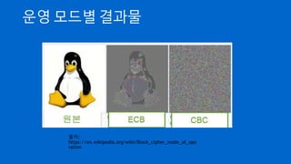운영 모드별 결과물
출처:
https://en.wikipedia.org/wiki/Block_cipher_mode_of_ope
ration
 