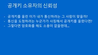 PGP(Pretty Good Privacy)
- 1991년 Phil Zimmermann 이 개발한 혁신적인 SW
- PGP의 등장으로 개인도 전자 서명, Email 암호화 사용 가능
- 미국 정부는 무기수출통제법에 의거해 PGP
S/W의 해외 반출을 금지시킴
- 필 짐머만은 S/W는 대상이지만 책은 대상이 아닌 것에 착안
하여 소스 코드를 출력하여 책으로 출판하여 수출
 