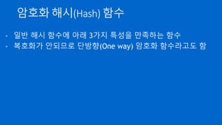 암호화 해시(Hash) 함수
- 일반 해시 함수에 아래 3가지 특성을 만족하는 함수
- 복호화가 안되므로 단방향(One way) 암호화 함수라고도 함
 