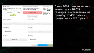 В мае 2016 г. мы насчитали
на площадке 70 624
серверов, выставленных на
продажу, от 416 разных
продавцов из 173 стран.
 