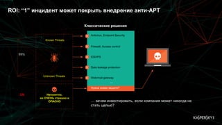 ROI: “1” инцидент может покрыть внедрение анти-APT
Классические решения
Antivirus, Endpoint Security
Firewall, Access control
IDS/IPS
Data leakage protection
Web/mail gateway
Нужна новая защита?
Непонятно,
но ОЧЕНЬ страшно и
ОПАСНО
Unknown Threats
Known Threats
99%
1%
… зачем инвестировать, если компания может никогда не
стать целью?
…
 