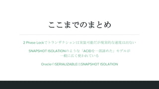 ޤǤΤޤȤ
2 Phase Lockǥȥ󥶥όgװܤFgĤٶȤϳʤ
SNAPSHOT ISOLATIONΤ褦ʡACIDһB᤿ǥ뤬
һˎڤʹƤ
OracleSERIALIZABLESNAPSHOT ISOLATION
 