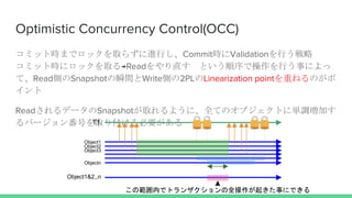 Optimistic Concurrency Control(OCC)
ߥåȕrޤǥåȡ餺MФCommitrValidationФ
ߥåȕr˥åȡReadֱ ȤǲФ¤ˤ
ơReadȤSnapshot˲gWriteȤ2PLLinearization pointؤͤΤ

Readǩ`Snapshotȡ褦ˡȫƤΥ֥Ȥ˅g{Ӥ
Щ`󷬺Ťȡ긶ҪT1
Object1
Object2
Object1&2,,n
Object3
Objectn
ιڤǥȥ󥶥ȫ𤭤¤ˤǤ
 