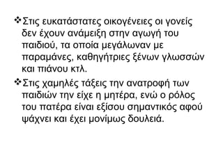 Στις ευκατάστατες οικογένειες οι γονείς
δεν έχουν ανάμειξη στην αγωγή του
παιδιού, τα οποία μεγάλωναν με
παραμάνες, καθηγήτριες ξένων γλωσσών
και πιάνου κτλ.
Στις χαμηλές τάξεις την ανατροφή των
παιδιών την είχε η μητέρα, ενώ ο ρόλος
του πατέρα είναι εξίσου σημαντικός αφού
ψάχνει και έχει μονίμως δουλειά.
 