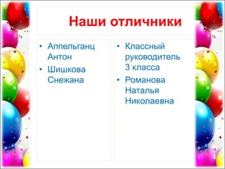 Наши отличники
• Аппельганц
Антон
• Шишкова
Снежана
• Классный
руководитель
3 класса
• Романова
Наталья
Николаевна
 