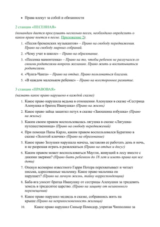 • Права влекут за собой и обязанности
2 станция «ПЕСЕННАЯ»
(командам дается прослушать несколько песен, необходимо определить о
каком праве поется в песне. Приложение 2).
1. «Песня бременских музыкантов» – Право на свободу передвижения.
Право на свободу мирных собраний.
2. «Чему учат в школе» – Право на образование.
3. «Песенка мамонтенка» – Право на то, чтобы ребенок не разлучался со
своими родителями вопреки желанию. Право жить и воспитываться
родителями.
4. «Чунга-Чанга» – Право на отдых. Право пользоваться благами.
5. «В каждом маленьком ребенке» – Право на всестороннее развитие.
3 станция «ПРАВОВАЯ»
(назвать какое право нарушено в каждой сказке)
1. Какое право нарушила ведьма в отношении Аленушки в сказке «Сестрица
Аленушка и братец Иванушка» (Право на жизнь)
2. Какое право зайца защитил петух в сказке «Заюшкина избушка» (Право
на жилье)
3. Каким своим правом воспользовалась лягушка в сказке «Лягушка-
путешественница» (Право на свободу передвижений)
4. При помощи Папы Карло, каким правом воспользовался Буратино в
сказке «Золотой ключик» (Право на образование)
5. Какое право Золушки нарушала мачеха, заставляя ее работать день и ночь,
и не разрешая играть и развлекаться (Право на отдых и досуг)
6. Каким правом может воспользоваться Маугли, живущий в лесу вместе с
дикими зверями? (Право быть ребенком до 18 лет и иметь права как все
дети)
7. Опекун всемирно известного Гарри Потера перехватывает и читает
письма, адресованные мальчику. Какое право мальчика он
нарушает? (Право на личную жизнь, тайну корреспонденции)
8. Баба-яга уносит братца Иванушку от сестрицы Аленушки за тридевять
земель в тридесятое царство. (Право на защиту от незаконного
перемещения)
9. Какое право нарушил медведь в сказке, собравшись жить на
крыше (Право на неприкосновенность жилища)
10. Какое право нарушил Синьор Помидор, упрятав Чипполино за
 