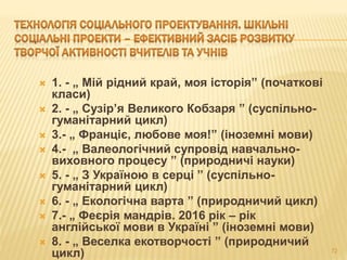 72
 1. - „ Мій рідний край, моя історія” (початкові
класи)
 2. - „ Сузір’я Великого Кобзаря ” (суспільно-
гуманітарний цикл)
 3.- „ Франціє, любове моя!” (іноземні мови)
 4.- „ Валеологічний супровід навчально-
виховного процесу ” (природничі науки)
 5. - „ З Україною в серці ” (суспільно-
гуманітарний цикл)
 6. - „ Екологічна варта ” (природничий цикл)
 7.- „ Феєрія мандрів. 2016 рік – рік
англійської мови в Україні ” (іноземні мови)
 8. - „ Веселка екотворчості ” (природничий
цикл)
 