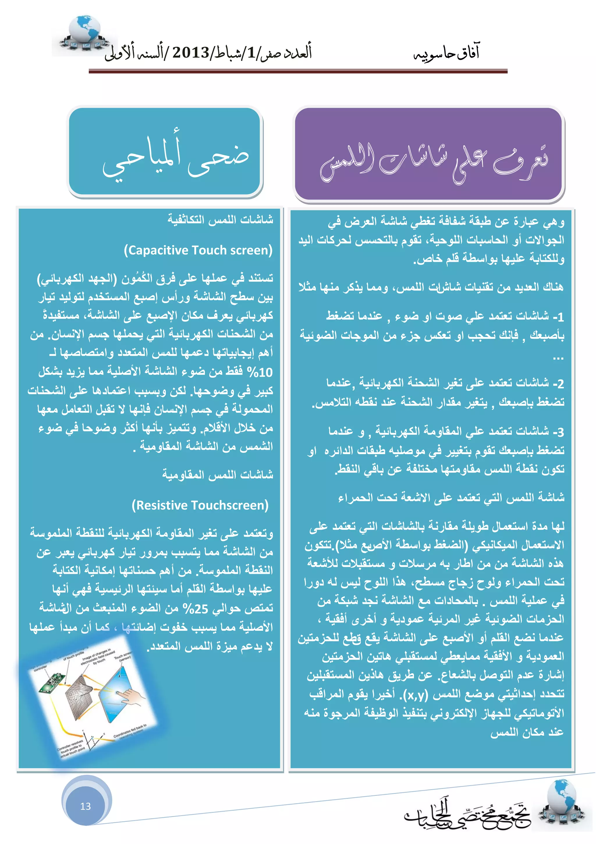 ‫حاسىبُه‬ ‫آفاق‬‫صفز‬ ‫أىعدد‬/1/‫شباط‬/2013/‫أألوىل‬ ‫أىسنه‬
13
‫شبشبد‬‫اٌٍّظ‬‫اٌزىب‬‫صف١خ‬
(Capacitive Touch screen)
‫رغزٕذ‬ٟ‫ف‬‫ػٍّٙب‬ٍٝ‫ػ‬‫فشق‬ُُّْٛ‫ى‬ٌ‫ا‬(‫اٌغٙذ‬ٟ‫اٌىٙشثبئ‬)
ٓ١‫ث‬‫عـؼ‬‫اٌشبشخ‬‫ٚسأط‬‫إطجغ‬َ‫اٌّغزخذ‬‫ٌزٌٛ١ذ‬‫ر١بس‬
ٟ‫وٙشثبئ‬‫٠ؼشف‬ْ‫ِىب‬‫اإلطجغ‬ٍٝ‫ػ‬،‫اٌشبشخ‬ً‫ح‬‫ِغزف١ذ‬
ِٓ‫اٌشؾٕبد‬‫اٌىٙشثبئ١خ‬ٟ‫اٌز‬‫٠ؾٍّٙب‬ُ‫عغ‬ْ‫اإلٔغب‬.ِٓ
ُ٘‫أ‬‫إ٠غبث١برٙب‬‫دػّٙب‬‫ٌٍّظ‬‫اٌّزؼذ‬‫د‬‫ٚاِزظبطٙب‬‫ٌـ‬
10%‫فمؾ‬ِٓ‫ػٛء‬‫اٌشبشخ‬‫األطٍ١خ‬‫ِّب‬‫٠ض٠ذ‬ً‫ثشى‬
‫وج١ش‬ٟ‫ف‬‫ٚػٛؽٙب‬.ٓ‫ٌى‬‫ٚثغجت‬‫اػزّبد٘ب‬ٍٝ‫ػ‬‫اٌشؾٕبد‬
‫اٌّؾٌّٛخ‬ٟ‫ف‬ُ‫عغ‬ْ‫اإلٔغب‬‫فئٔٙب‬‫ال‬ً‫رمج‬ًِ‫اٌزؼب‬‫ِؼٙب‬
ِٓ‫خالي‬َ‫األلال‬.‫ٚرزّ١ض‬‫ثأٔٙب‬‫أوضش‬‫ٚػٛؽب‬ٟ‫ف‬‫ػٛء‬
‫اٌشّظ‬ِٓ‫اٌشبشخ‬‫اٌّمبِٚ١خ‬.
‫شبشبد‬‫اٌٍّظ‬‫اٌّمبِٚ١خ‬
(Resistive Touchscreen)
‫ٚرؼزّذ‬ٍٝ‫ػ‬‫رغ١ش‬‫اٌّمبِٚخ‬‫اٌىٙشثبئ١خ‬‫ٌٍٕمـخ‬‫اٌٍّّٛعخ‬
ِٓ‫اٌشبشخ‬‫ِّب‬‫٠زغجت‬‫ثّشٚس‬‫ر١بس‬ٟ‫وٙشثبئ‬‫٠ؼجش‬ٓ‫ػ‬
‫إٌمـخ‬‫اٌٍّّٛعخ‬.ُِٓ٘‫أ‬‫ؽغٕبرٙب‬‫إِىبٔ١خ‬‫اٌىزبثخ‬
‫ػٍ١ٙب‬‫ثٛاعـخ‬ٍُ‫اٌم‬‫أِب‬‫ع١ئزٙب‬‫اٌشئ١غ١خ‬ٟٙ‫ف‬‫أٔٙب‬
‫رّزض‬ٌٟ‫ؽٛا‬25%ِٓ‫اٌؼٛء‬‫إٌّجؼش‬ِٓ‫اي‬‫شبشخ‬
‫األطٍ١خ‬‫ِّب‬‫٠غجت‬‫خفٛد‬‫إػبئزٙب‬،‫وّب‬ْ‫أ‬‫ِجذأ‬‫ػٍّٙب‬
‫ال‬ُ‫٠ذػ‬‫ِ١ضح‬‫اٌٍّظ‬‫اٌّزؼذد‬.
‫انهًس‬‫شاشات‬‫عهى‬‫تعرف‬ٍ‫أملُاح‬ ً‫ضح‬
ٟ٘ٚ‫ػجبسح‬ٓ‫ػ‬‫ؿجمخ‬‫شفبفخ‬ٟ‫رغـ‬‫شبشخ‬‫اٌؼشع‬ٟ‫ف‬
‫اٌغٛاالد‬ٚ‫أ‬‫اٌؾبعجبد‬،‫اٌٍٛؽ١خ‬َٛ‫رم‬‫ثبٌزؾغظ‬‫ٌؾشوبد‬‫اٌ١ذ‬
‫ٌٍٚىزبثخ‬‫ػٍ١ٙب‬‫ثٛاعـخ‬ٍُ‫ل‬‫خبص‬.
‫ٕ٘بن‬‫اٌؼذ٠ذ‬ِٓ‫رمٕ١بد‬‫شبػ‬‫اد‬،‫اٌٍّظ‬‫ِّٚب‬‫٠زوش‬‫ِٕٙب‬‫ِضال‬
1-‫شبشبد‬‫رؼزّذ‬ٍٟ‫ػ‬‫طٛد‬ٚ‫ا‬‫ػٛء‬,‫ػٕذِب‬‫رؼغؾ‬
‫ثأطجؼه‬,‫فئٔه‬‫رؾغت‬ٚ‫ا‬‫رؼىظ‬‫عضء‬ِٓ‫اٌّٛعبد‬‫اٌؼٛئ١خ‬
...
2-‫شبشبد‬‫رؼزّذ‬ٍٝ‫ػ‬‫رغ١ش‬‫اٌشؾٕخ‬‫اٌىٙشثبئ١خ‬,‫ػٕذِب‬
‫رؼغؾ‬‫ثئطجؼه‬,‫٠زغ١ش‬‫ِمذاس‬‫اٌشؾٕخ‬‫ػٕذ‬ٗ‫ٔمـ‬‫اٌزالِظ‬.
3-‫شبشبد‬‫رؼزّذ‬ٍٟ‫ػ‬‫اٌّمبِٚخ‬‫ا‬‫ٌىٙشثبئ١خ‬,ٚ‫ػٕذِب‬
‫رؼغؾ‬‫ثئطجؼه‬َٛ‫رم‬‫ثزغ١١ش‬ٟ‫ف‬ٗ١ٍ‫ِٛط‬‫ؿجمبد‬ٖ‫اٌذائش‬ٚ‫ا‬
ْٛ‫رى‬‫ٔمـخ‬‫اٌٍّظ‬‫ِمبِٚزٙب‬‫ِخزٍفخ‬ٓ‫ػ‬ٟ‫ثبل‬‫إٌمؾ‬.
‫شبشخ‬‫اٌٍّظ‬ٟ‫اٌز‬‫رؼزّذ‬ٍٝ‫ػ‬‫االشؼخ‬‫رؾذ‬‫اٌؾّشاء‬
‫ٌٙب‬‫ِذح‬‫اعزؼّبي‬‫ؿٛ٠ٍخ‬‫ِمبسٔخ‬‫ثبٌشبشبد‬ٟ‫اٌز‬‫رؼزّذ‬ٍٝ‫ػ‬
‫االعزؼّبي‬ٟ‫اٌّ١ىبٔ١ى‬(‫اٌؼغؾ‬‫ثٛاعـخ‬‫األص‬‫ثغ‬‫ِضال‬.)ْٛ‫رزى‬
ٖ‫٘ز‬‫اٌشبشخ‬ِِٓٓ‫اؿبس‬ٗ‫ث‬‫ِشعالد‬ٚ‫ِغزمجالد‬‫ٌألشؼخ‬
‫رؾذ‬‫اٌؾّشاء‬‫ٌٚٛػ‬‫صعبط‬،‫ِغـؼ‬‫٘زا‬‫اٌٍٛػ‬‫ٌ١ظ‬ٌٗ‫دٚسا‬
ٟ‫ف‬‫ػٍّ١خ‬‫اٌٍّظ‬.‫ثبٌّؾبداد‬‫ِغ‬‫اٌشبشخ‬‫ٔغذ‬‫شجىخ‬ِٓ
‫اٌؾضِبد‬‫اٌؼٛئ١خ‬‫غ١ش‬‫اٌّشئ١خ‬‫ػّٛد٠خ‬ٜٚ‫أخش‬‫أفم١خ‬،
‫ػٕذِب‬‫ٔؼغ‬ٍُ‫اٌم‬ٚ‫أ‬‫األطجغ‬ٍٝ‫ػ‬‫اٌشبشخ‬‫٠مغ‬‫ق‬‫ؿغ‬ٓ١‫ٌٍؾضِز‬
‫اٌؼّٛد٠خ‬ٚ‫األفم١خ‬ٟ‫ِّب٠ؼـ‬ٍٟ‫ٌّغزمج‬ٓ١‫٘بر‬ٓ١‫اٌؾضِز‬
‫إشبسح‬َ‫ػذ‬ً‫اٌزٛط‬‫ثبٌشؼبع‬.ٓ‫ػ‬‫ؿش٠ك‬ٓ٠‫٘بر‬ٓ١ٍ‫اٌّغزمج‬
‫رزؾذد‬ٟ‫إؽذاص١ز‬‫ِٛػغ‬‫اٌٍّظ‬(x,y.)‫أخ١شا‬َٛ‫٠م‬‫اٌّشالت‬
ٟ‫األرِٛبر١ى‬‫ٌٍغٙبص‬ٟٔٚ‫اإلٌىزش‬‫ثزٕف١ز‬‫اٌٛظ١فخ‬‫اٌّشعٛح‬ِٕٗ
‫ػٕذ‬ْ‫ِىب‬‫اٌٍّظ‬
 