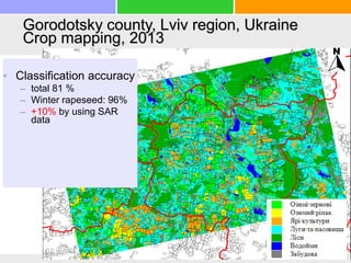 Gorodotsky county, Lviv region, Ukraine
Crop mapping, 2013
• Classification accuracy
– total 81 %
– Winter rapeseed: 96%
– +10% by using SAR
data
 