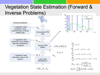 Vegetation State Estimation (Forward &
Inverse Problems)
Leaf model
(PROSPECT)
Canopy RTM
(4SAIL)
Atmosphere RTM
(6S)
ll TR ,
3. Vegetation state
estimation using
radiometrically corrected
satellite data
Inverse problems
2. Vegetation state
estimation using satellite
data with atmospheric
correction
1. Vegetation state
estimation using in-situ
spectra
 ,, vs
soilR
lSLADLAI ,,
mwab CCCN, ,,
canopyR
TOAR
'
s
s
s
s
v
v s
dE
k E
dz
dE
a E E s E
dz
dE
a E E s E
dz
dE
K E E E w E
dz


 

 

 
 
 
     
      
        
1
( ) ( ) ( )i i ek K C k
N
   
90 1,90
,
90 1,901
N
N
N
R
R
R

 
 




 

 