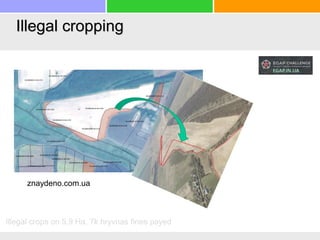 Illegal cropping
znaydeno.com.ua
Illegal crops on 5.9 Ha, 7k hryvnas fines payed
 