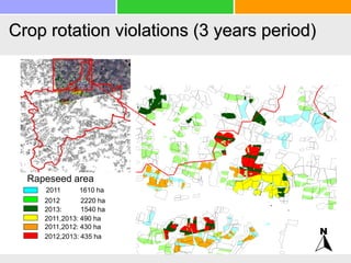 Crop rotation violations (3 years period)
Rapeseed area
2011,2013: 490 ha
2011,2012: 430 ha
2012,2013: 435 ha
2013: 1540 ha
2012 2220 ha
2011 1610 ha
 