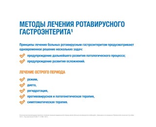 МЕТОДЫ ЛЕЧЕНИЯ РОТАВИРУСНОГО
ГАСТРОЭНТЕРИТА¹
Принципы лечения больных ротавирусным гастроэнтеритом предусматривают
одновременное решение нескольких задач:
	 предупреждение дальнейшего развития патологического процесса;
	 предупреждение развития осложнений.
ЛЕЧЕНИЕ ОСТРОГО ПЕРИОДА
	 режим,
	 диета,
	 регидратация,
	 противовирусная и патогенетическая терапия,
	 симптоматическая терапия.
Клинические рекомендации (протокол лечения) оказания медицинской помощи детям больным ротавирусной инфекцией, утверждено на заседании Профильной комиссии 9 октября
2015 г. Код протокола 91500.11. А 0801‑2015.
 