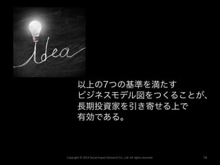 Copyright	©	2014	Social	Impact	Research	Co.,	Ltd.	All	rights	reserved.	 15	
WORK 1	
1.  自社に関する重要なキーワード（ビジネスモデル構成要
素の候補）をでき...