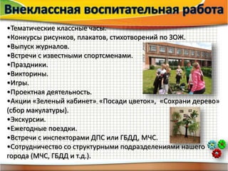 •Тематические классные часы.
•Конкурсы рисунков, плакатов, стихотворений по ЗОЖ.
•Выпуск журналов.
•Встречи с известными спортсменами.
•Праздники.
•Викторины.
•Игры.
•Проектная деятельность.
•Акции «Зеленый кабинет»,, «Посади цветок», «Сохрани дерево»
(сбор макулатуры).
•Экскурсии.
•Ежегодные поездки.
•Встречи с инспекторами ДПС или ГБДД, МЧС.
•Сотрудничество со структурными подразделениями нашего
города (МЧС, ГБДД и т.д.).
 