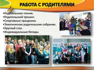 •Родительские чтения.
•Родительский тренинг.
•Спортивные праздники.
•Тематические родительские собрания.
•Круглый стол.
•Индивидуальные беседы.
 