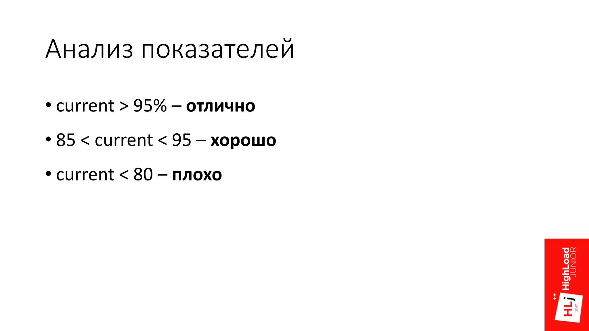 Анализ показателей
• current > 95% – отлично
• 85 < current < 95 – хорошо
• current < 80 – плохо
 