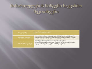 ზოგადი კითხვა
როგორია სიცოცხლის ფასი?
თემატური კითხვები
არის თუ არა ჯანსაღი კვება სიცოცხლის ხანგრძლივობის საწინდარი?
რამდენად დიდია სწრაფი კვების პროდუკტების რეკლამების გავლენა?
შინაარსობრივი კითხვები
როგორ გავარჩიოთ ჯანსაღი და არაჯანსაღი საკვები?
რა გამომწვევი ფაქტორებია რამაც შეიძლება ფატალურ შედეგებამდე
მიგვიყვანოს არაჯანსაღი კვების მოხმარების დროს?
 