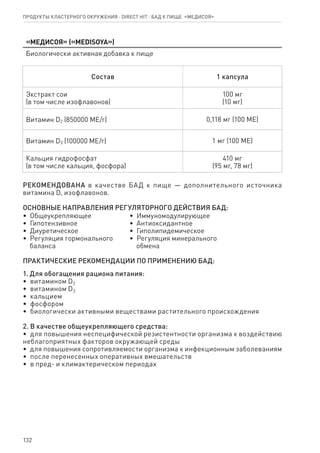132
Продукты кластерного окружения ⋅ direct HIT ⋅ бад к пище  «Медисоя»
«Медисоя» («MEDISOYA»)
Биологически активная добавка к пище
Состав 1 капсула
Экстракт сои
(в том числе изофлавонов)
100 мг
(10 мг)
Витамин D2 (850000 МЕ/г) 0,118 мг (100 МЕ)
Витамин D3 (100000 МЕ/г) 1 мг (100 МЕ)
Кальция гидрофосфат
(в том числе кальция, фосфора)
410 мг
(95 мг, 78 мг)
РЕКОМЕНДОВАНА в качестве БАД к пище — дополнительного источника
витамина D, изофлавонов.
ОСНОВНЫЕ НАПРАВЛЕНИЯ РЕГУЛЯТОРНОГО ДЕЙСТВИЯ БАД:
•  Общеукрепляющее
•  Гипотензивное
•  Диуретическое
•  Регуляция гормонального
   баланса
•  Иммуномодулирующее
•  Антиоксидантное
•  Гиполипидемическое
•  Регуляция минерального
   обмена
ПРАКТИЧЕСКИЕ РЕКОМЕНДАЦИИ ПО ПРИМЕНЕНИЮ БАД:
1. Для обогащения рациона питания:
•  витамином D2
•  витамином D3
•  кальцием
•  фосфором
•  биологически активными веществами растительного происхождения
2. В качестве общеукрепляющего средства:
•  для повышения неспецифической резистентности организма к воздействию
неблагоприятных факторов окружающей среды
•  для повышения сопротивляемости организма к инфекционным заболеваниям
•  после перенесенных оперативных вмешательств
•  в пред- и климактерическом периодах
 