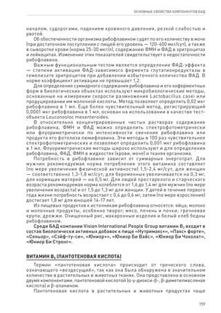 159
ОСНОВНЫЕ СВОЙСТВА КОМПОНЕНТОВ БАД
началом, судорогами, падением кровяного давления, резкой слабостью и
рвотой.
Об обеспеченности организма рибофлавином судят по его количеству в моче
(при достаточном поступлении с пищей его уровень — 120‑400 мкг/сут), а также
в сыворотке крови (норма 25-30 мкг/л), содержанию ФМН и ФАД в эритроцитах
и лейкоцитах. Изменение этих показателей свидетельствует о недостаточности
рибофлавина.
Важным функциональным тестом является определение ФАД-эффекта
— степени активации ФАД-зависимого фермента глутатионредуктазы в
гемолизате эритроцитов при добавлении избыточного количества ФАД. В
норме коэффициент активации не превышает 1,2.
Для определения суммарного содержания рибофлавина и его коферментных
форм в биологических объектах используют микробиологические методы,
основанные на измерении скорости размножения Lactobacillus casei или
продуцировании им молочной кислоты. Метод позволяет определять 0,02 мкг
рибофлавина в 1 мл. Еще более чувствительный метод, регистрирующий
0,0001 мкг рибофлавина в 1 мл, основан на использовании в качестве тест-
объекта Leuconostoc mesenteroides.
В относительно концентрированных чистых растворах содержание
рибофлавина, ФМН и ФАД можно определить спектрофотометрически
или флуориметрически по интенсивности свечения рибофлавина или
продукта его фотолиза люмифлавина. Эти методы в 100 раз чувствительнее
спектрофотометрических и позволяют определить 0,001 мкг рибофлавина
в 1 мл. Флуориметрические методы широко используют и для определения
рибофлавина, ФАД, ФМН в жидкостях (крови, моче) и тканях организма.
Потребность в рибофлавине зависит от суммарных энерготрат. Для
мужчин рекомендуемая норма потребления этого витамина составляет
(по мере увеличения физической активности) 1,5-2,4 мг/сут, для женщин
— соответственно 1,3-1,8 мг/сут; для беременных увеличивается на 0,3 мг,
для кормящих матерей — на 0,5 мг. Для людей престарелого и старческого
возраста рекомендуемая норма колеблется от 1,6 до 1,4 мг для мужчин (по мере
увеличения возраста) и от 1,5 до 1,3 мг для женщин. У детей в течение первого
года жизни потребность возрастает с 0,4 до 0,6 мг, затем (по мере взросления)
достигает 1,8 мг для юношей 14-17 лет.
Из пищевых продуктов к источникам рибофлавина относятся: яйца; молоко
и молочные продукты, особенно творог; мясо, печень и почки; гречневая
крупа; дрожжи. Очищенный рис, макаронные изделия и белый хлеб бедны
рибофлавином.
Среди БАД компании Vision International People Group витамин В2 входит в
состав биологически активных добавок к пище «Нутримакс+», «Пакс+ форте»,
«Сеньор», «Сэйф-ту-си», «Юниор+», «Юниор Би Вайс», «Юниор Би Чоколат»,
«Юниор Би Стронг».
ВИТАМИН В5 (ПАНТОТЕНОВАЯ КИСЛОТА)
Термин «пантотеновая кислота» происходит от греческого слова,
означающего «вездесущий», так как она была обнаружена в значительном
количестве в растительных и животных тканях. Она представлена в основном
двумя компонентами: пантотеновой кислотой (α-γ-диокси-ϐ-, ϐ-диметилмасляная
кислота) и ϐ-аланином.
Пантотеновая кислота в растительных и животных продуктах чаще
 