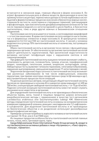 160
ОСНОВНЫЕ СВОЙСТВА КОМПОНЕНТОВ БАД
встречается в связанном виде, главным образом в форме коэнзима А. Он
играет фундаментальную роль в обмене веществ, функционируя в качестве
промежуточного акцептора, переносчика и донора остатков карбоновых кислот
(ацилов) в ферментативных процессах окисления и биосинтеза жирных кислот,
стеринов (в частности, холестерина и стероидных гормонов), триглицеридов
и фосфолипидов, при окислительном декарбоксилировании кетокислот (в том
числе пировиноградной и α-кетоглутаровой) в цикле Кребса, в биосинтезе
ацетилхолина, гема и ряда других важных в биохимическом отношении
соединений.
Пантотеновая кислота всасывается в тонком, а синтезируемая микрофлорой
— в толстом кишечнике. В крови пантотеновая кислота находится как в плазме,
так и в форменных элементах в виде коэнзима А. В эритроцитах человека
содержится 0,2-0,3 мкг/100 мл пантотеновой кислоты. С мочой у человека
выделяется в сутки до 70% пантотеновой кислоты от количества, поступившего
в организм.
Обмен пантотеновой кислоты в организме тесно связан с функцией ряда
эндокринных органов. От обеспеченности организма пантотеновой кислотой
зависит деятельность надпочечников. При хронической недостаточности
витамина наступает гипофункция коры с нарушением синтеза в ней
глюкокортикоидов.
При дефиците пантотеновой кислоты в рационе питания возникают слабость,
утомляемость, депрессия, головная боль, тремор, атаксия, периферический
неврит, тахикардия, гипотензия, анемия, анорексия, ахлоргидрия, запор.
Лабораторные тесты выявляют гипохолестеринемию, гипогаммаглобулинемию,
нарушение ацетилирования, уменьшение выделения 17-кетостероидов с мочой.
Эндогенная (вторичная) недостаточность пантотеновой кислоты возникает
при различных заболеваниях (в том числе инфекционных), инвазиях
паразитами, при приеме некоторых лекарственных средств (фтивазида и др.),
восстановительных процессах после операций.
По данным различных авторов, концентрация общей пантотеновой кислоты
(включая ее производные и коэнзим А) в сыворотке крови варьирует от 400 до
700 мг/мл, а концентрация свободной пантотеновой кислоты — от 15 до 40 мг/мл.
Падение суточной экскреции пантотеновой кислоты ниже 3 мг может служить
указанием на ее недостаток в организме.
Для определения пантотеновой кислоты и ее производных в биологических
объектах (кровь, моча, ткани) и пищевых продуктах широко используют
микробиологические методы с применением в качестве тест-организмов
Lactobacillus arabinosus или Saccharomycoides ludwigii KM. Химические
методы определения пантотеновой кислоты основаны на колориметрическом
измерении содержания ϐ-аланина, реакции с нингидрином или 1,2-нафтохинон-
4-сульфонатом. Для выделения пантотеновой кислоты и ее производных
из биологических объектов и их разделения используют разнообразные
хроматографические методы.
Примерная суточная потребность взрослого человека в пантотеновой кислоте
составляет 10-15 мг, или 4-5 мг/1000 ккал.
Из пищевых продуктов особенно богаты пантотеновой кислотой говяжья
печень, почки, мясо, гречневая крупа, горох.
Среди БАД компании Vision International People Group витамин В5 входит в
состав биологически активных добавок к пище «Нутримакс+», «Пакс+ форте»,
«Сеньор», «Шевитон».
 
