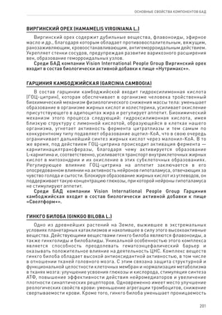 201
ОСНОВНЫЕ СВОЙСТВА КОМПОНЕНТОВ БАД
ВИРГИНСКИЙ ОРЕХ (HAMAMELIS VIRGINIAna L.)
Виргинский орех содержит дубильные вещества, флавоноиды, эфирное
масло и др., благодаря которым обладает противовоспалительным, вяжущим,
ранозаживляющим, кровоостанавливающим, антигеморроидальным действием.
Укрепляет стенки сосудов, предупреждая развитие варикозного расширения
вен, образование геморроидальных узлов.
Среди БАД компании Vision International People Group Виргинский орех
входит в состав биологически активной добавки к пище «Нутримакс+».
Гарциния камбоджийская (GARCINIA CAMBOGIA)
В состав гарцинии камбоджийской входит гидроксилимонная кислота
(ГОЦ-цитрин), которая обеспечивает в организме человека тройственный
биохимический механизм физиологического снижения массы тела: уменьшает
образование в организме жирных кислот и холестерина, усиливает окисление
присутствующего в адипоцитах жира и регулирует аппетит. Биохимический
механизм этого процесса следующий: гидроксилимонная кислота, имея
близкую структуру с лимонной кислотой, образующейся в клетках нашего
организма, угнетает активность фермента цитратлиазы и тем самым по
конкурентному типу подавляет образование ацетил-КоА, что в свою очередь
ограничивает дальнейший синтез жирных кислот через малонил-КоА. В то
же время, под действием ГОЦ-цитрина происходит активация фермента —
карнитинацилтрансферазы, благодаря чему активируется образование
L-карнитина и, соответственно, усиливается транспорт внутриклеточных жирных
кислот в митохондрии и их окисление в этих субклеточных образованиях.
Регулирующее влияние ГОЦ-цитрина на аппетит заключается в его
опосредованном влиянии на активность нейронов гипоталамуса, отвечающих за
чувство голода и сытости. Блокируя образование жирных кислот из углеводов, он
поддерживает такую концентрацию глюкозы, при которой нейроны гипоталамуса
не стимулируют аппетит.
Среди БАД компании Vision International People Group Гарциния
камбоджийская входит в состав биологически активной добавки к пище
«Свелтформ+».
Гинкго билоба (GINKGO BILOBA L.)
Одно из древнейших растений на Земле, выжившее в экстремальных
условиях планетарных катаклизмов и накопившее в силу этого высокоактивные
вещества. Действующими веществами гинкго билоба являются флавоноиды, а
также гинкголиды и билобалиды. Уникальной особенностью этого комплекса
является способность преодолевать гематоэнцефалический барьер и
оказывать положительное влияние на деятельность ЦНС. Комплекс веществ
гинкго билоба обладает высокой антиоксидантной активностью, в том числе
в отношении тканей головного мозга. С этим связана защита структурной и
функциональной целостности клеточных мембран и нормализация метаболизма
в тканях мозга: улучшение усвоения глюкозы и кислорода, стимуляция синтеза
АТФ, повышение эффективности действия нейромедиаторов и увеличение
плотности синаптических рецепторов. Одновременно имеет место улучшение
реологических свойств крови: уменьшение агрегации тромбоцитов, снижение
свертываемости крови. Кроме того, гинкго билоба уменьшает проницаемость
 