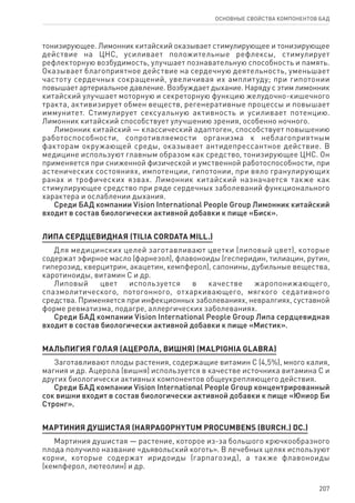 207
ОСНОВНЫЕ СВОЙСТВА КОМПОНЕНТОВ БАД
тонизирующее. Лимонник китайский оказывает стимулирующее и тонизирующее
действие на ЦНС, усиливает положительные рефлексы, стимулирует
рефлекторную возбудимость, улучшает познавательную способность и память.
Оказывает благоприятное действие на сердечную деятельность, уменьшает
частоту сердечных сокращений, увеличивая их амплитуду; при гипотонии
повышает артериальное давление. Возбуждает дыхание. Наряду с этим лимонник
китайский улучшает моторную и секреторную функцию желудочно-кишечного
тракта, активизирует обмен веществ, регенеративные процессы и повышает
иммунитет. Стимулирует сексуальную активность и усиливает потенцию.
Лимонник китайский способствует улучшению зрения, особенно ночного.
Лимонник китайский — классический адаптоген, способствует повышению
работоспособности, сопротивляемости организма к неблагоприятным
факторам окружающей среды, оказывает антидепрессантное действие. В
медицине используют главным образом как средство, тонизирующее ЦНС. Он
применяется при сниженной физической и умственной работоспособности, при
астенических состояниях, импотенции, гипотонии, при вяло гранулирующих
ранах и трофических язвах. Лимонник китайский назначается также как
стимулирующее средство при ряде сердечных заболеваний функционального
характера и ослаблении дыхания.
Среди БАД компании Vision International People Group Лимонник китайский
входит в состав биологически активной добавки к пище «Биск».
ЛИПА СЕРДЦЕВИДНАЯ (TILIA CORDATA MILL.)
Для медицинских целей заготавливают цветки (липовый цвет), которые
содержат эфирное масло (фарнезол), флавоноиды (гесперидин, тилиацин, рутин,
гиперозид, кверцитрин, акацетин, кемпферол), сапонины, дубильные вещества,
каротиноиды, витамин С и др.
Липовый цвет используется в качестве жаропонижающего,
спазмолитического, потогонного, отхаркивающего, мягкого седативного
средства. Применяется при инфекционных заболеваниях, невралгиях, суставной
форме ревматизма, подагре, аллергических заболеваниях.
Среди БАД компании Vision International People Group Липа сердцевидная
входит в состав биологически активной добавки к пище «Мистик».
Мальпигия голая (Ацерола, вишня) (Malpighia glabra)
Заготавливают плоды растения, содержащие витамин С (4,5%), много калия,
магния и др. Ацерола (вишня) используется в качестве источника витамина С и
других биологически активных компонентов общеукрепляющего действия.
Среди БАД компании Vision International People Group концентрированный
сок вишни входит в состав биологически активной добавки к пище «Юниор Би
Стронг».
МАРТИНИЯ ДУШИСТАЯ (HARPAGOPHYTUM PROCUMBENS (BURCH.) DC.)
Мартиния душистая — растение, которое из-за большого крючкообразного
плода получило название «дьявольский коготь». В лечебных целях используют
корни, которые содержат иридоиды (гарпагозид), а также флавоноиды
(кемпферол, лютеолин) и др.
 