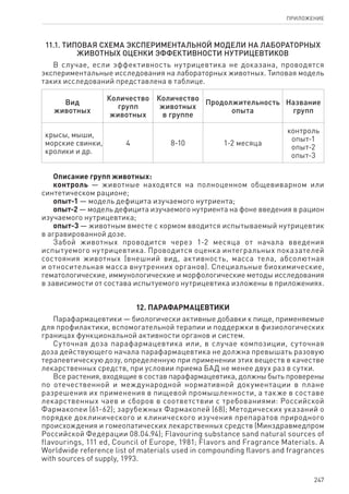 247
ПРИЛОЖЕНИЕ
11.1. Типовая схема экспериментальной модели на лабораторных
животных оценки эффективности нутрицевтиков
В случае, если эффективность нутрицевтика не доказана, проводятся
экспериментальные исследования на лабораторных животных. Типовая модель
таких исследований представлена в таблице.
Вид
животных
Количество
групп
животных
Количество
животных
в группе
Продолжительность
опыта
Название
групп
крысы, мыши,
морские свинки,
кролики и др.
4 8-10 1-2 месяца
контроль
опыт-1
опыт-2
опыт-3
Описание групп животных:
контроль — животные находятся на полноценном общевиварном или
синтетическом рационе;
опыт-1 — модель дефицита изучаемого нутриента;
опыт-2 — модель дефицита изучаемого нутриента на фоне введения в рацион
изучаемого нутрицевтика;
опыт-3 — животным вместе с кормом вводится испытываемый нутрицевтик
в агравированной дозе.
Забой животных проводится через 1-2 месяца от начала введения
испытуемого нутрицевтика. Проводится оценка интегральных показателей
состояния животных (внешний вид, активность, масса тела, абсолютная
и относительная масса внутренних органов). Специальные биохимические,
гематологические, иммунологические и морфологические методы исследования
в зависимости от состава испытуемого нутрицевтика изложены в приложениях.
12. Парафармацевтики
Парафармацевтики — биологически активные добавки к пище, применяемые
для профилактики, вспомогательной терапии и поддержки в физиологических
границах функциональной активности органов и систем.
Суточная доза парафармацевтика или, в случае композиции, суточная
доза действующего начала парафармацевтика не должна превышать разовую
терапевтическую дозу, определенную при применении этих веществ в качестве
лекарственных средств, при условии приема БАД не менее двух раз в сутки.
Все растения, входящие в состав парафармацевтика, должны быть проверены
по отечественной и международной нормативной документации в плане
разрешения их применения в пищевой промышленности, а также в составе
лекарственных чаев и сборов в соответствии с требованиями: Российской
Фармакопеи (61-62); зарубежных Фармакопей (68); Методических указаний о
порядке доклинического и клинического изучения препаратов природного
происхождения и гомеопатических лекарственных средств (Минздравмедпром
Российской Федерации 08.04.94); Flavouring substance sand natural sources of
flavourings, 111 ed, Council of Europe, 1981; Flavors and Fragrance Materials. A
Worldwide reference list of materials used in compounding flavors and fragrances
with sources of supply, 1993.
 