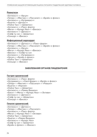 Ревматизм
«Антиокс+» + «Урсул»
«Гипер» + «Мистик» + «Пассилат» + «Брэйн-о-флекс»
«Антиокс+» + «Нутримакс+»
«Бьюти» + «Детокс+»
«Нэйче Тан» + «Шевитон»
«Антиокс+» + «Пакс+ форте»
«Мега» + «Куперс Нео» + «Винэкс»
«Антиокс+» + «Детокс+»
«Сэйф-ту-си» + «Шевитон»
«Сеньор» + «Винэкс»
Инфекционный эндокардит
«Антиокс+» + «Детокс+» + «Пакс+ форте»
«Гипер» + «Мистик» + «Пассилат» + «Брэйн-о-флекс»
«Антиокс+» + «Урсул»
«Мега» + «Куперс Нео» + «Винэкс»
«Винэкс» + «Сэйф-ту-си»
«Антиокс+» + «Нутримакс+»
«Урсул» + «Брэйн-о-флекс»
«Нэйче Тан» + «Шевитон»
«Сеньор» + «Винэкс»
ЗАБОЛЕВАНИЯ ОРГАНОВ ПИЩЕВАРЕНИЯ
Гастрит хронический
«Антиокс+» + «Пакс+ форте»
«Нутримакс+» + «Свелтформ+» + «Брэйн-о-флекс»
«Гипер» + «Мистик» + «Пассилат» + «Ревьен»
«Бьюти» + «Нортия»
«Нэйче Тан» + «Шевитон»
«Антиокс+» + «Ламин Вижион»
«Биск» + «Мега» + «Куперс Нео» + «Эктиви»
«Антиокс+» + «Детокс+»
«Сэйф-ту-си» + «Шевитон»
«Сеньор» + «Винэкс»
Гепатит хронический
«Антиокс+» + «Детокс+»
«Гипер» + «Мистик» + «Пассилат»
«Антиокс+» + «Пакс+ форте»
«Мега» + «Куперс Нео» + «Эктиви»
«Нэйче Тан» + «Шевитон»
«Бьюти» + «Ламин Вижион»
«Антиокс+» + «Куперс Нео»
«Сэйф-ту-си» + «Шевитон»
«Брэйн-о-флекс» + «Винэкс»
26
ПРИМЕНЕНИЕ БАД ДЛЯ ОПТИМИЗАЦИИ РА­ЦИ­О­НА ПИ­ТА­НИЯ И ПОД­ДЕР­ЖА­НИЯ ЗДО­РО­ВЬЯ ЧЕ­ЛО­ВЕ­КА
 