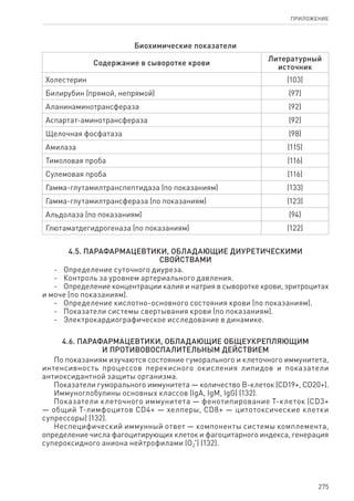 275
ПРИЛОЖЕНИЕ
Биохимические показатели
Содержание в сыворотке крови
Литературный
источник
Холестерин (103)
Билирубин (прямой, непрямой) (97)
Аланинаминотрансфераза (92)
Аспартат-аминотрансфераза (92)
Щелочная фосфатаза (98)
Амилаза (115)
Тимоловая проба (116)
Сулемовая проба (116)
Гамма-глутамилтранспептидаза (по показаниям) (133)
Гамма-глутамилтрансфераза (по показаниям) (123)
Альдолаза (по показаниям) (94)
Глютаматдегидрогеназа (по показаниям) (122)
4.5. Парафармацевтики, обладающие диуретическими
свойствами
-	 Определение суточного диуреза.
-	 Контроль за уровнем артериального давления.
-	 Определение концентрации калия и натрия в сыворотке крови, эритроцитах
и моче (по показаниям).
-	 Определение кислотно-основного состояния крови (по показаниям).
-	 Показатели системы свертывания крови (по показаниям).
-	 Электрокардиографическое исследование в динамике.
4.6. Парафармацевтики, обладающие общеукрепляющим
и противовоспалительным действием
По показаниям изучаются состояние гуморального и клеточного иммунитета,
интенсивность процессов перекисного окисления липидов и показатели
антиоксидантной защиты организма.
Показатели гуморального иммунитета — количество В-клеток (СD19+, СD20+).
Иммуноглобулины основных классов (IgA, IgM, IgG) (132).
Показатели клеточного иммунитета — фенотипирование Т-клеток (СD3+
— общий Т-лимфоцитов СD4+ — хелперы, СD8+ — цитотоксические клетки
супрессоры) (132).
Неспецифический иммунный ответ — компоненты системы комплемента,
определение числа фагоцитирующих клеток и фагоцитарного индекса, генерация
супероксидного аниона нейтрофилами (О2 ) (132).
 